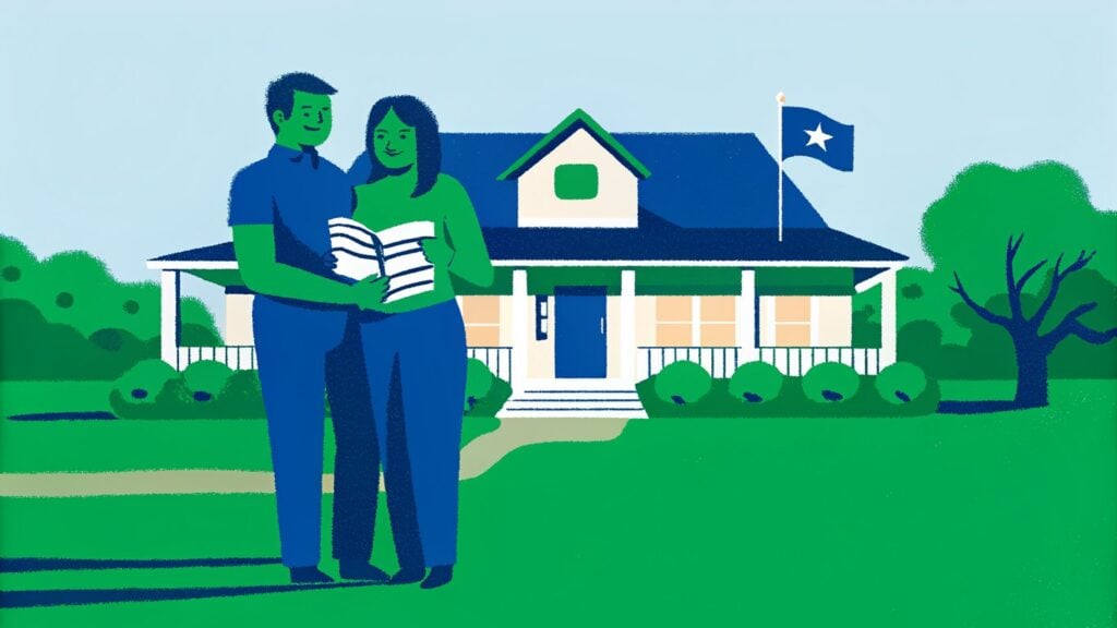 A hopeful young couple stands in front of a charming Texas ranch‑style home with a wide front porch, holding a stack of paperwork and smiling under a clear blue sky. The Texas state flag flutters in the background, symbolizing new beginnings.