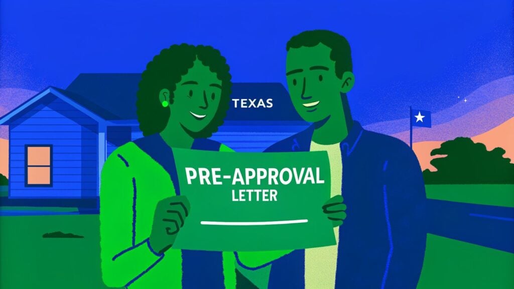 A confident young couple stands outside a sleek Texas home, holding a crisp pre‑approval letter, with the Texas skyline and a subtle blue flag in the backdrop, radiating optimism and readiness. Their hopeful smiles contrast against a warm sunrise over a suburban street, emphasizing the promise of new homeownership.