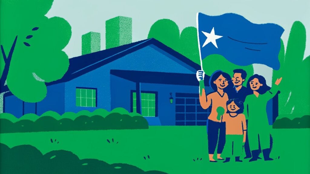 A bright, sunlit Texas home with a blue Texas flag fluttering in the foreground, a family holding a key and standing proudly in front of a modern house, with the skyline of Austin or Houston subtly visible in the background. The image radiates hope, homeownership, and the promise of affordable FHA loans, featuring warm tones, crisp details, and a sense of opportunity.