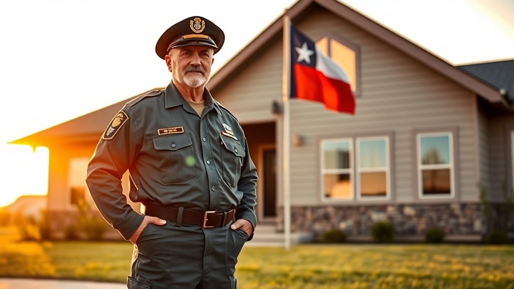 A veteran in uniform standing proudly in front of a modern Texas ranch house, the Texas flag fluttering beside it, a subtle star motif on the home's siding, all bathed in warm golden sunset light, evoking trust, opportunity, and the promise of homeownership.