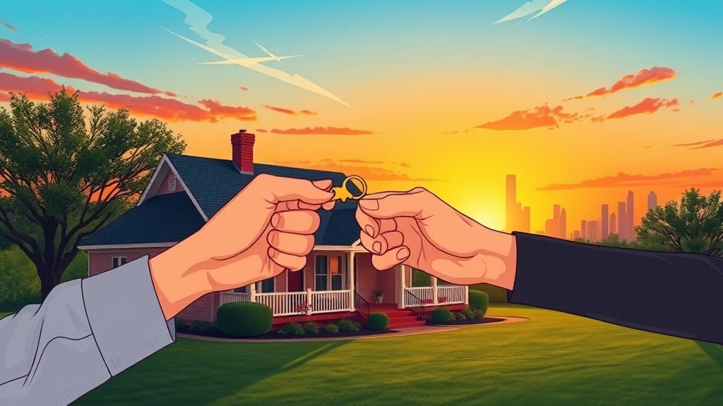 A vibrant illustration of a classic Texas ranch house at sunset, with a pair of hands exchanging a key. In the background, a subtle Houston skyline hints at the state’s real estate market.
