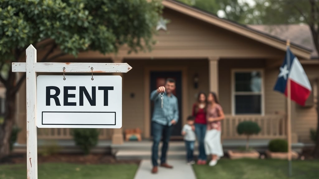 A cozy Texas‑style ranch house with a “Rent” sign half‑turned into a “Sold” sign, a family holding a key in front of the front door, and a subtle Texas flag fluttering in the breeze, capturing the journey from renting to owning.