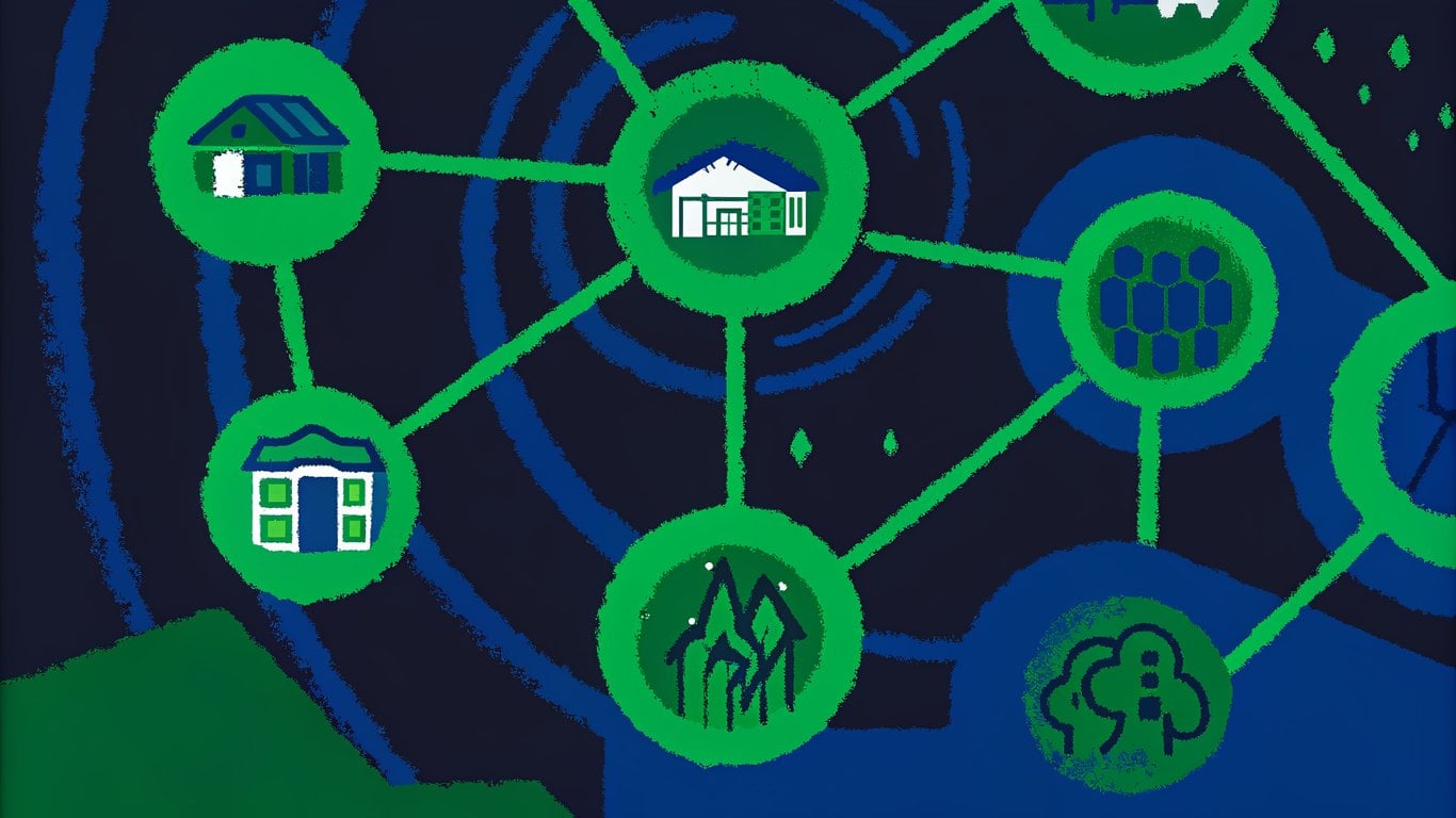 Illustration depicting interconnected housing and environmental elements, emphasizing AI's role in real estate analysis and market insights for Houston.