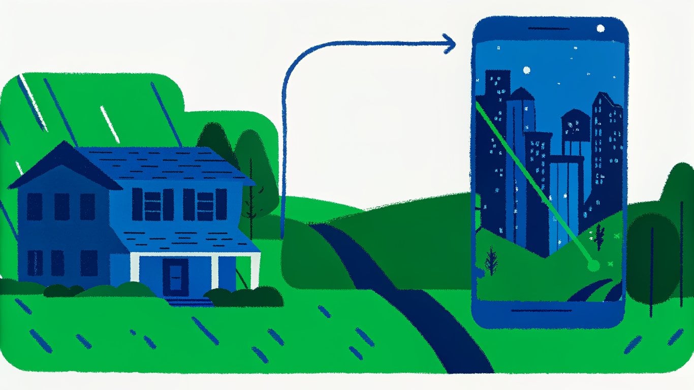 Illustration of a house and a smartphone displaying a city skyline, symbolizing the integration of AI in real estate transactions in Houston.