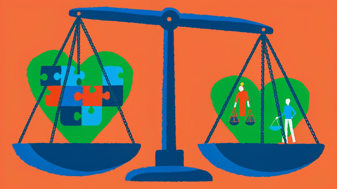 Scales balancing figures representing human judgment and AI, with heart-shaped puzzle pieces symbolizing data-driven insights, against an orange background, reflecting the integration of AI in real estate valuation.