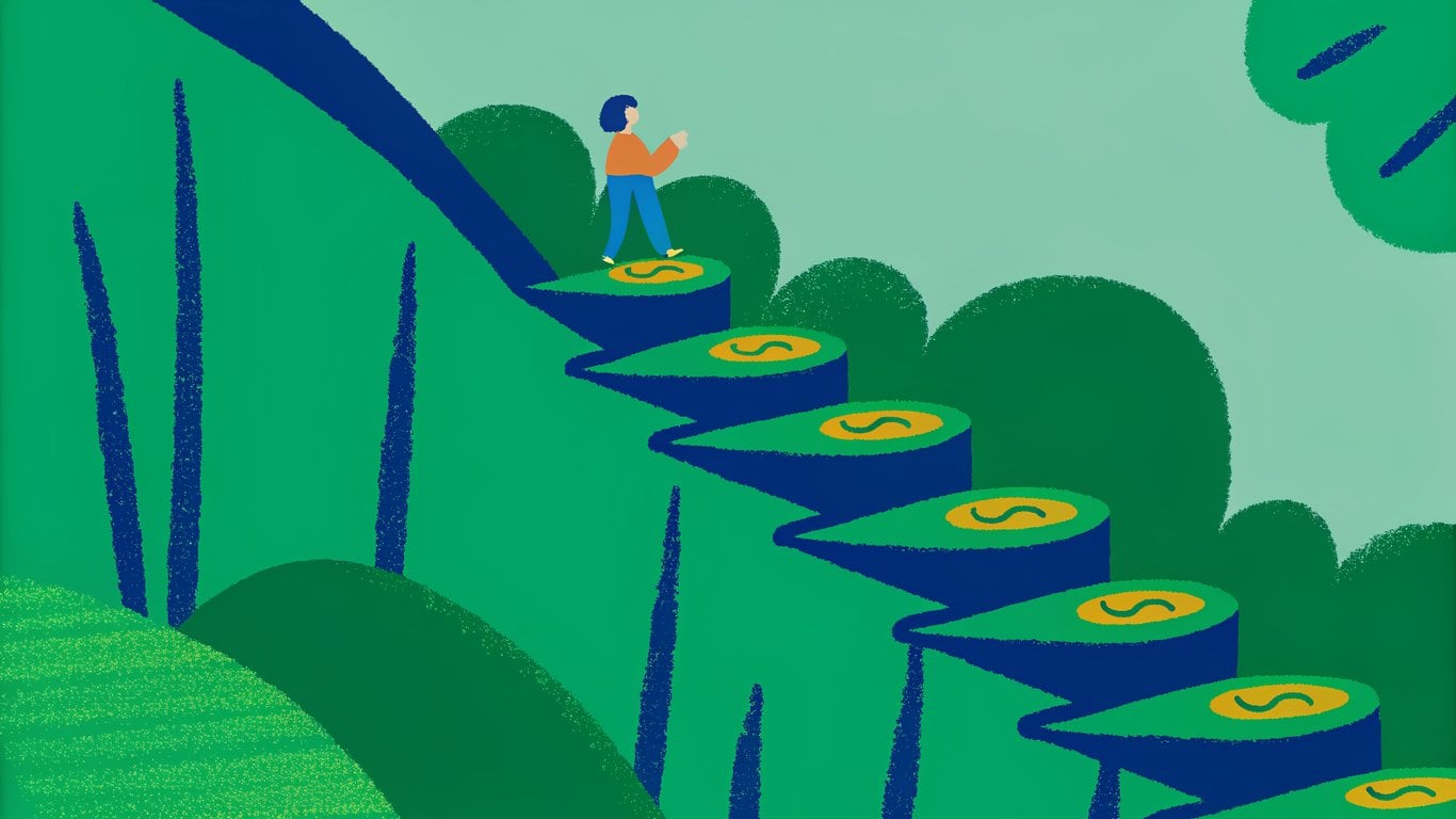 A person steadily climbing a staircase made of coins, symbolizing the gradual process of catching up on missed mortgage payments through a repayment plan.