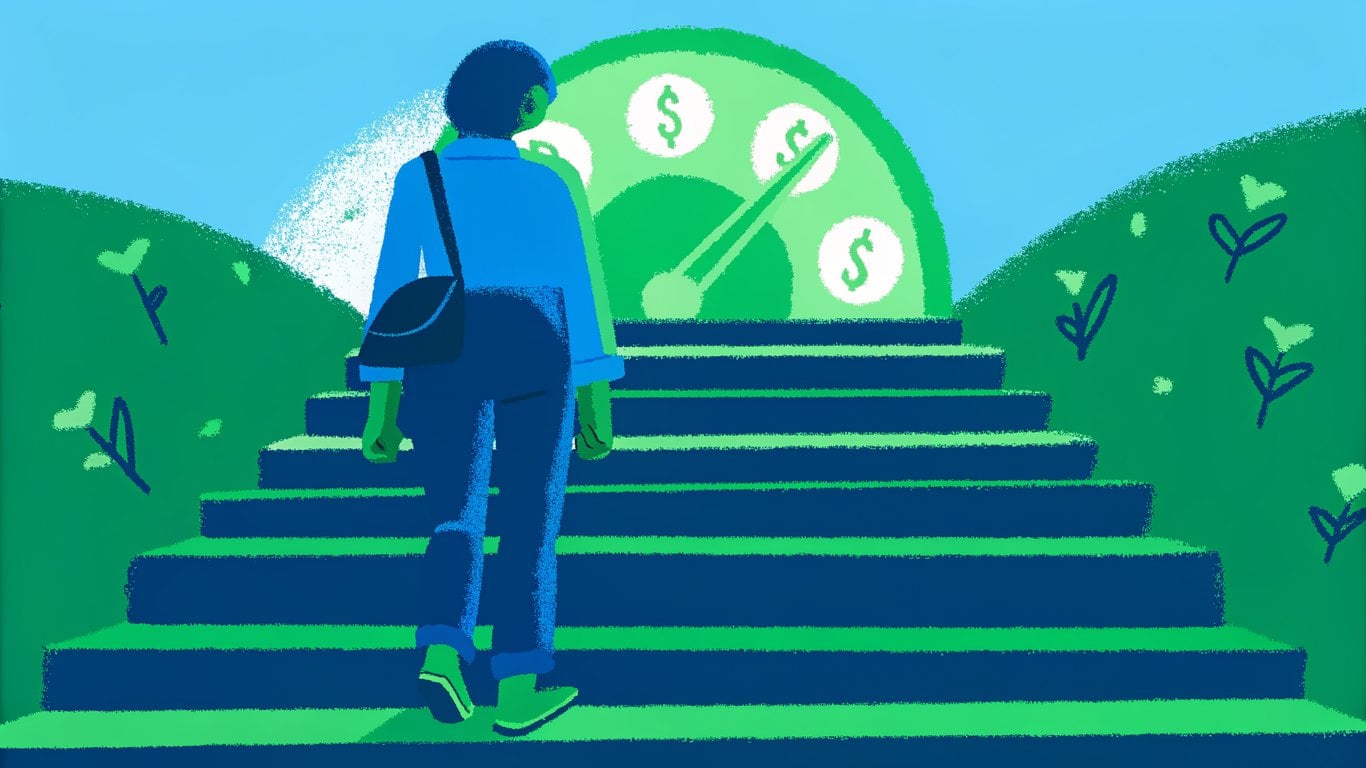 A person improving their credit score by climbing steps, representing financial responsibility.