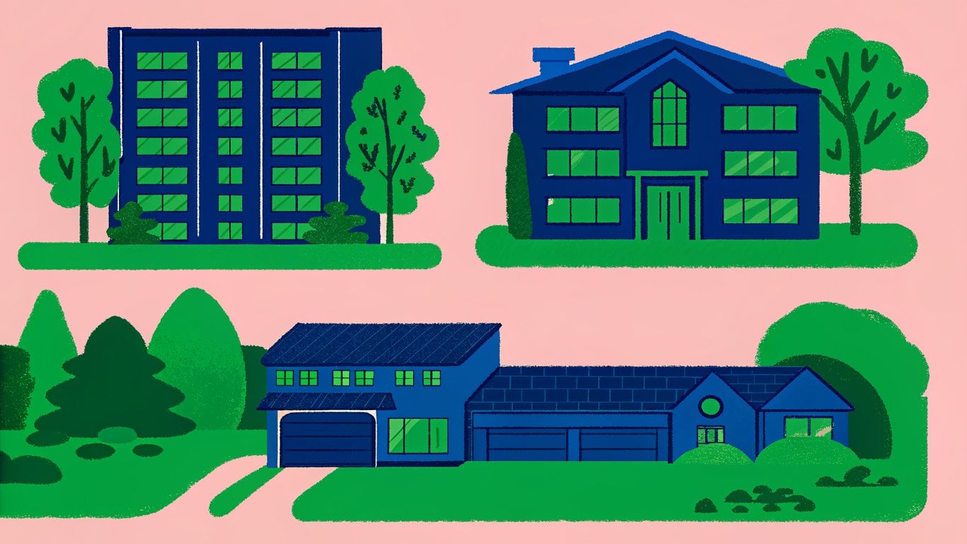 An illustration depicting various housing types available in a community, including condos, single-family homes, luxury estates, and patio homes.