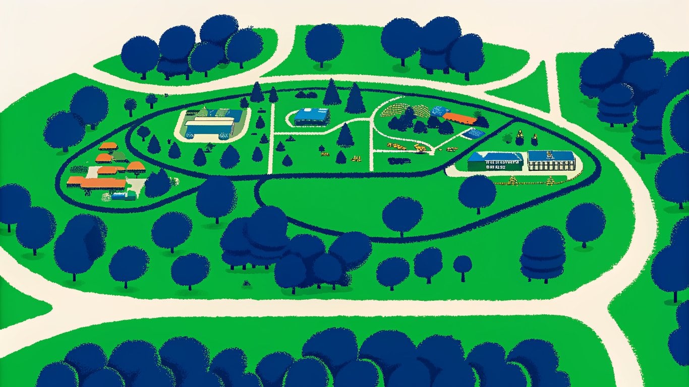 An illustrated map showing a master-planned community with extensive green pathways connecting various amenities.