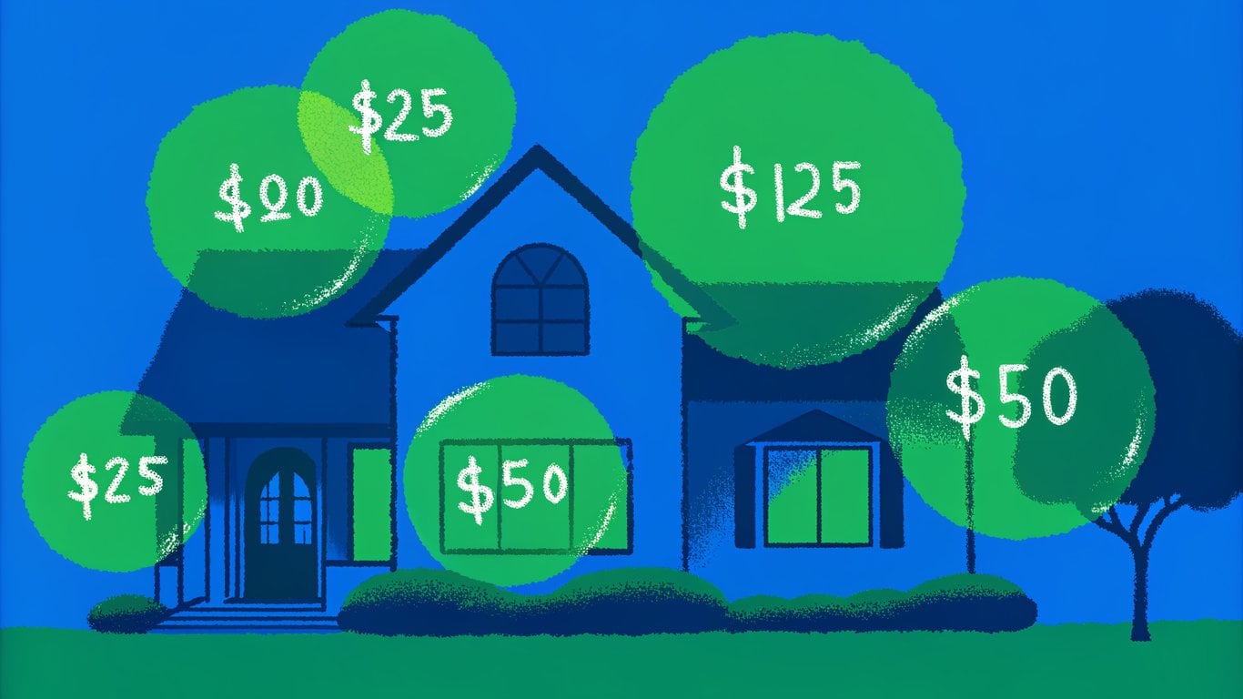 An illustration of a house with transparent overlays symbolizing additional costs like HOA fees and MUD taxes.