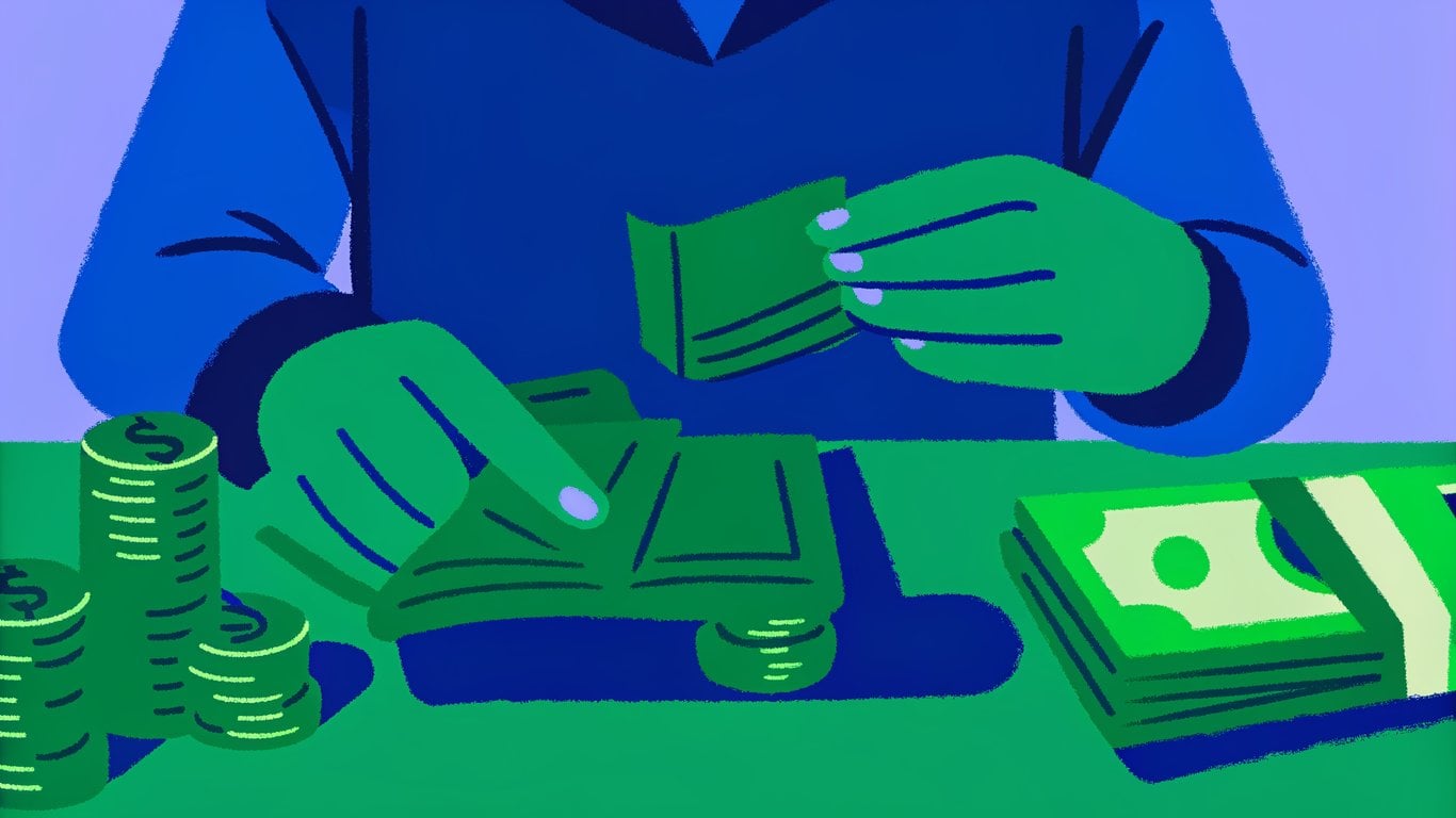 A person meticulously sorting different types of money, symbolizing the various costs associated with homeownership beyond the mortgage.