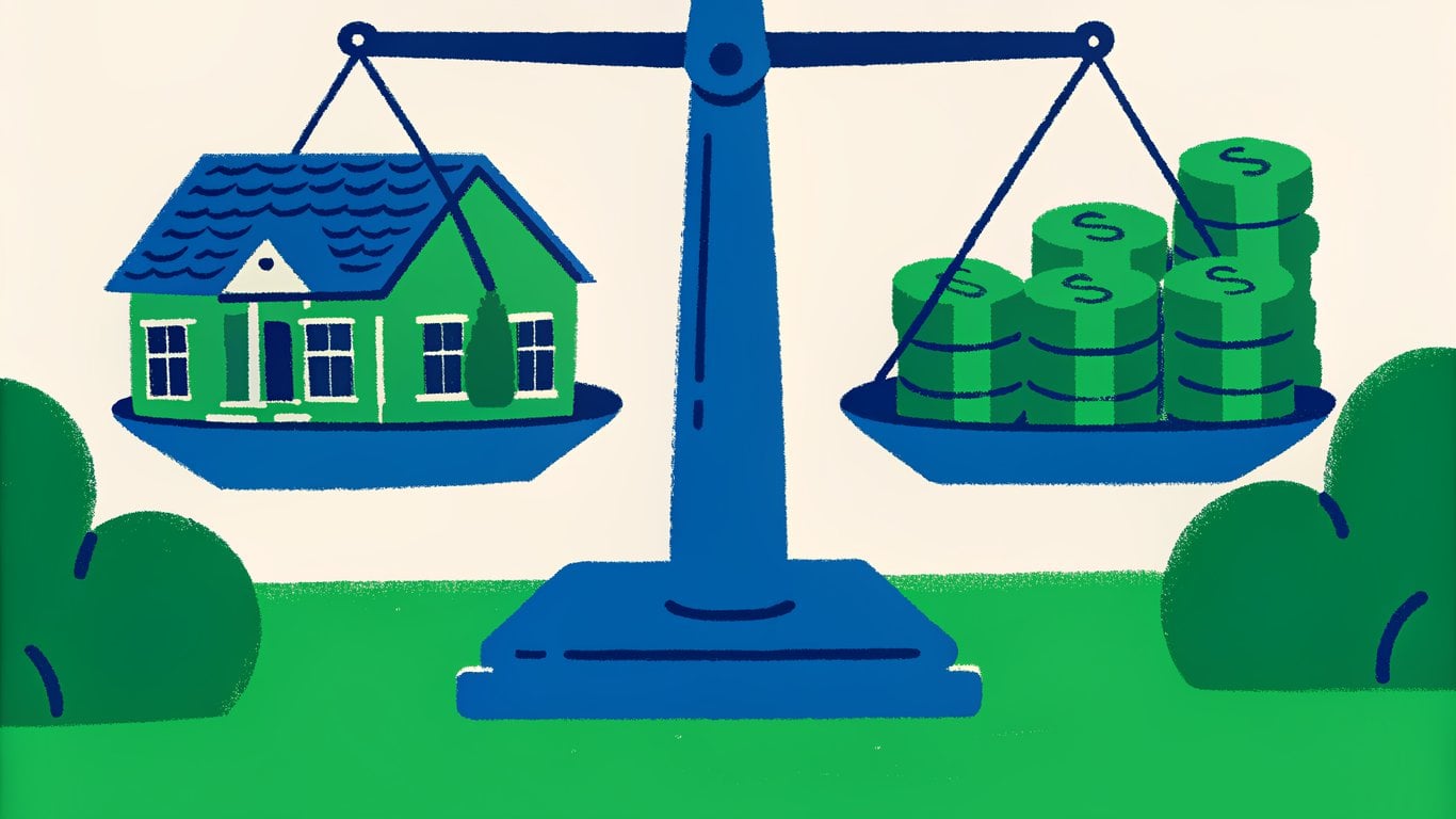 A perfectly balanced scale with a house on one side and money on the other, symbolizing a balanced real estate market.