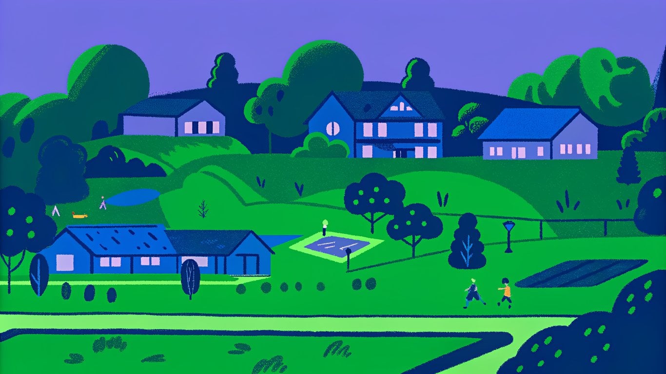 An aerial view illustration of a master-planned community with houses, green spaces, a swimming pool, and walking paths.