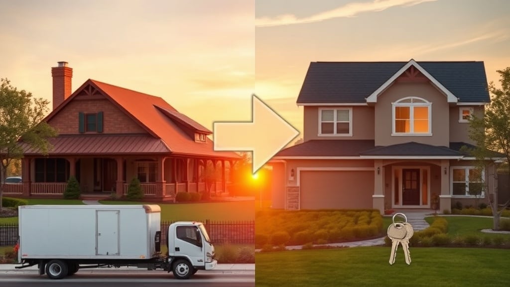 A split-screen scene showing a cozy, traditional Texas ranch house on one side and a modern, sleek suburban home on the other, connected by a translucent arrow symbolizing a trade, with a subtle Texas sunset backdrop. The foreground features a moving truck and a pair of keys, hinting at the exchange process.