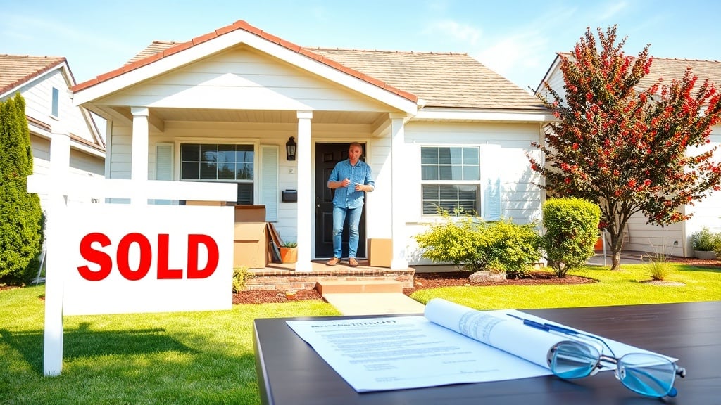 A bright suburban home with a bold &ldquo;Sold&rdquo; sign in the front yard, while the homeowner in casual attire stands inside holding a key, a moving box on the porch, and a contract open on the table, conveying a sale‑leaseback arrangement.