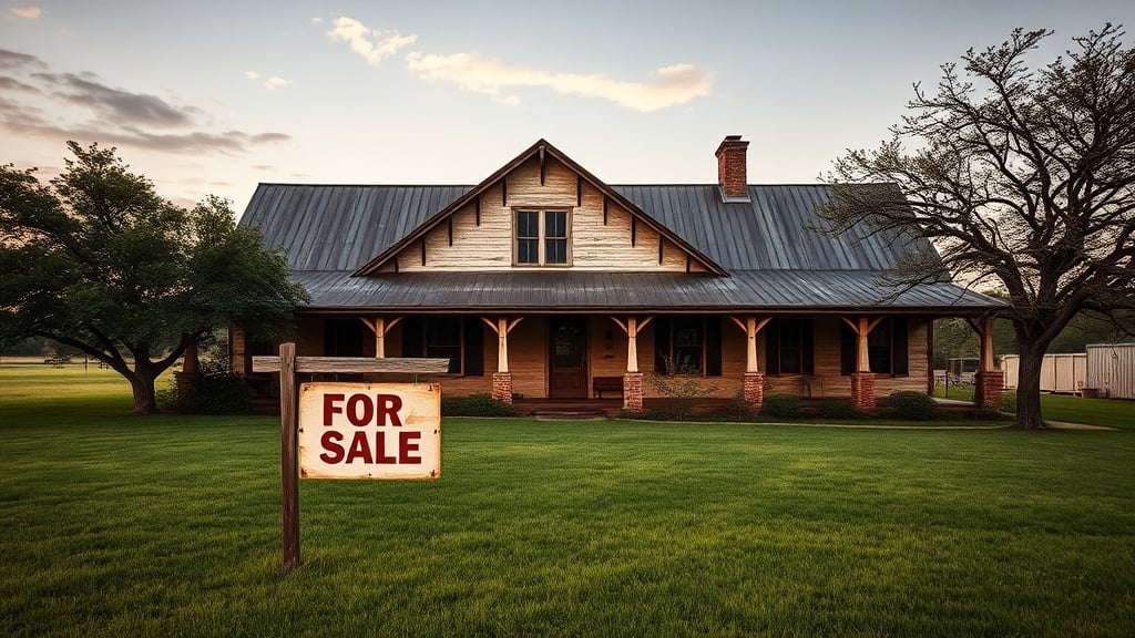 A weathered Texas ranch house with a faded “For Sale” sign in the front yard, surrounded by a lush green lawn under a late‑afternoon sky, with a subtle overlay of a sepia‑toned family portrait evoking the emotional weight of inheritance.