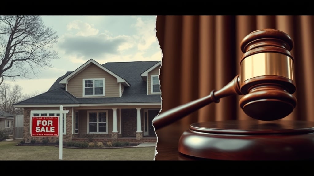 A dramatic split of a suburban Texas house, one side showing a cozy living room with a “For Sale” sign, the other side a courtroom scene with a judge’s gavel, reflecting the tension of property division in a divorce.