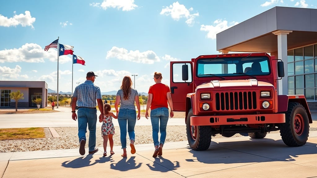 A vibrant scene of a military family stepping onto a sprawling Texas base, with a red Army truck and a bright blue sky overhead, the Lone Star flag fluttering in the distance and the modern base architecture hinting at new beginnings.