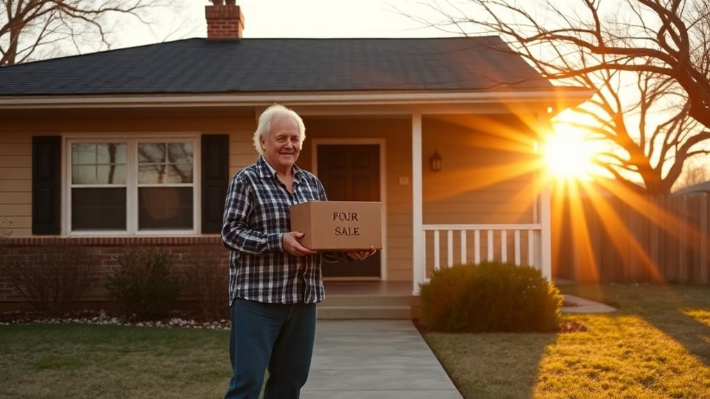 An elderly couple stands in front of a modest Texas ranch-style home with a “For Sale” sign, gently holding a box of cherished memories as a warm sunset casts long shadows across the porch.