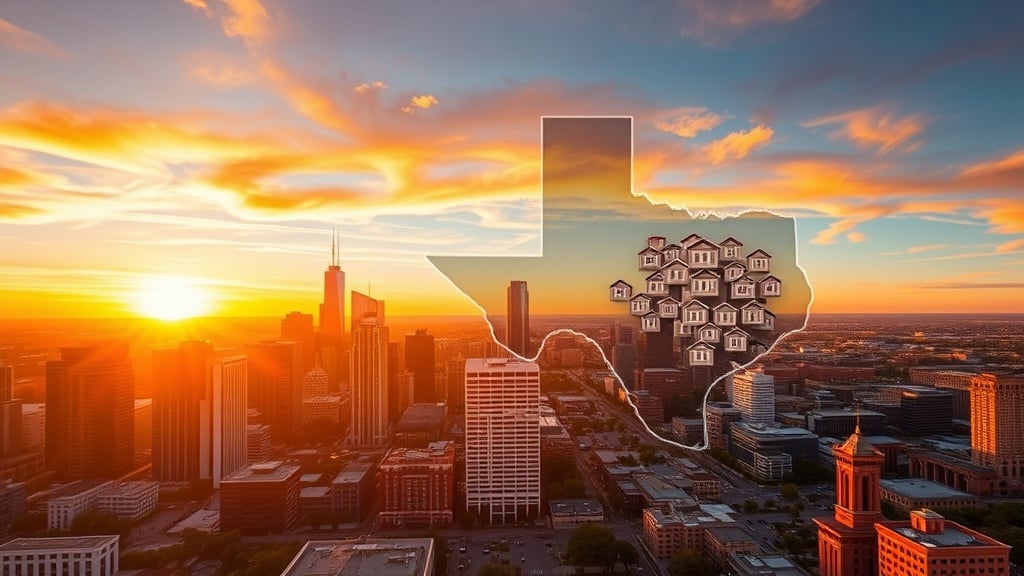 A sweeping aerial shot of a vibrant Texas skyline at sunrise, featuring a stylized map of Texas highlighted with clustered rental property icons. Subtle financial chart overlays and warm, inviting colors emphasize growth and opportunity.
