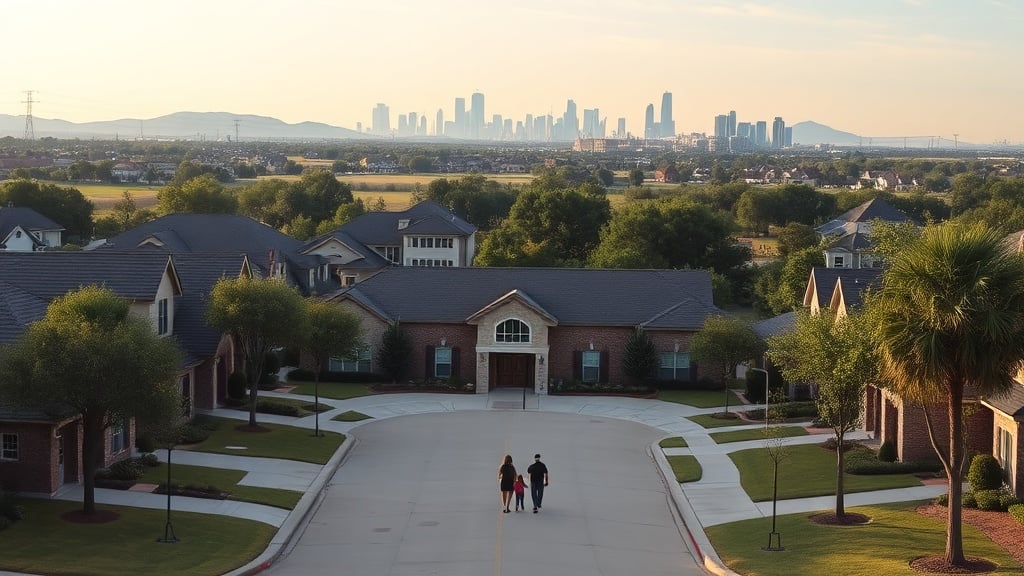 A panoramic view of a modern Katy, TX suburb with neatly designed family homes, a spacious school front, and a family walking along a tree-lined boulevard. In the background, the distant Houston skyline rises above gently rolling hills, hinting at the city’s proximity.