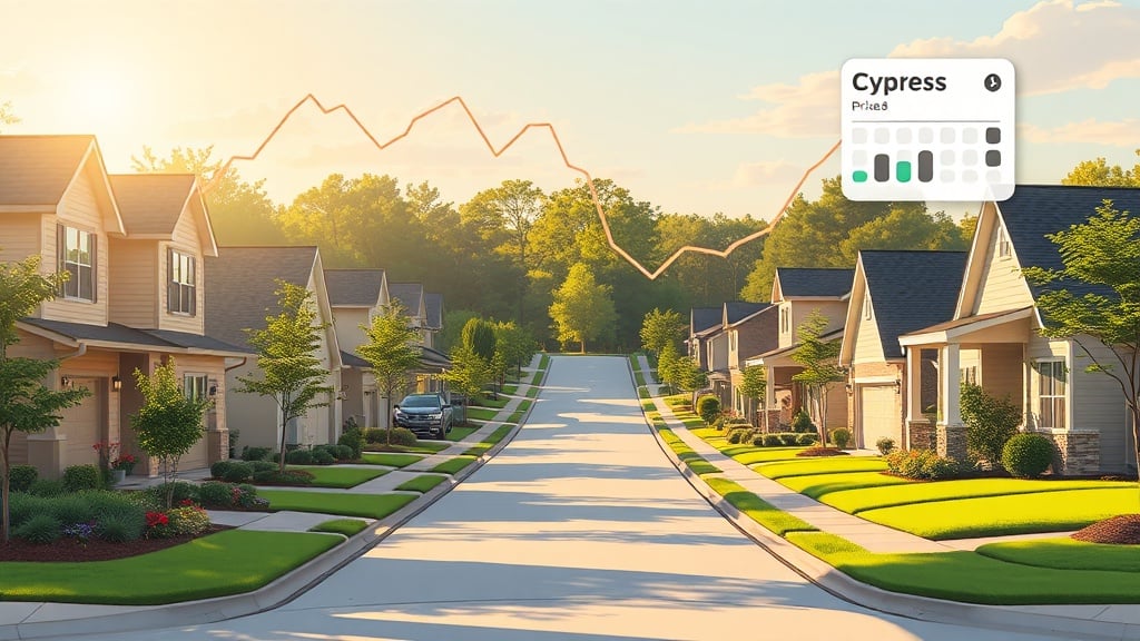 A stylized, high‑resolution illustration of a Cypress, Texas suburban street lined with contemporary single‑family homes and lush lawns, overlaid with a subtle downward‑trending price graph and calendar icons indicating days on market, bathed in warm sunrise light.