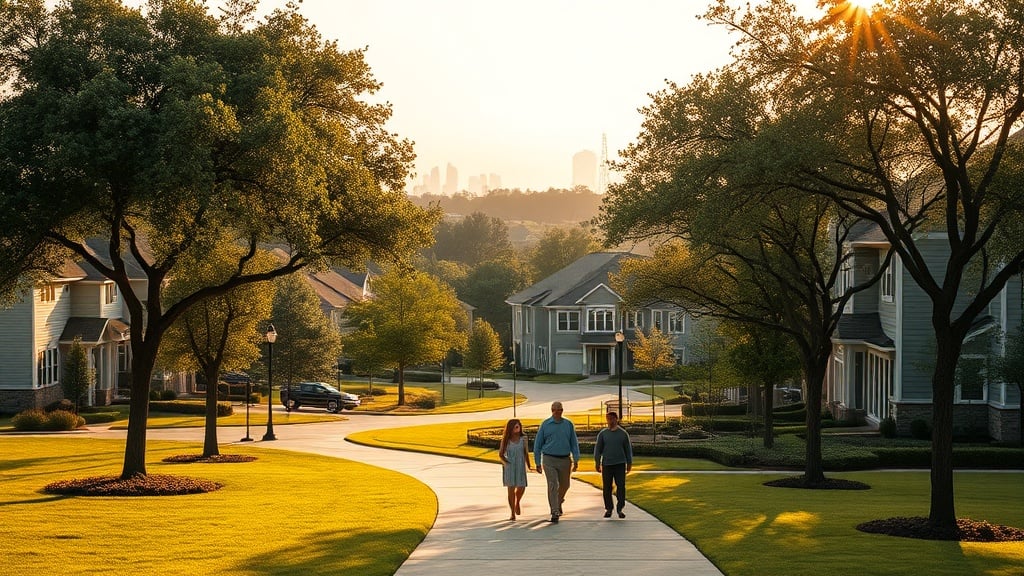 A serene, sunlit view of The Woodlands master-planned community with tree-lined streets, modern family homes, and lush green parks, a family strolling along a path, evoking stability and growth, soft golden light, subtle Houston skyline in the distance, realistic style.