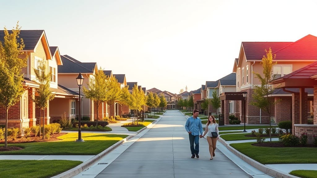 A vibrant, sunlit suburban street in Sugar Land, Texas, lined with modern homes and a welcoming community park, with a family strolling past a newly built elementary school, capturing the essence of suburban comfort and strong local schools.