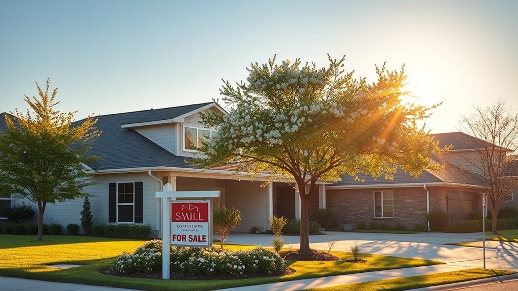 Bright, early‑spring suburban street in Spring, Texas with a modern home and a prominent “For Sale” sign, a blooming dogwood tree, and a subtle translucent line graph rising in the sky above the rooftops, all bathed in warm, golden light.