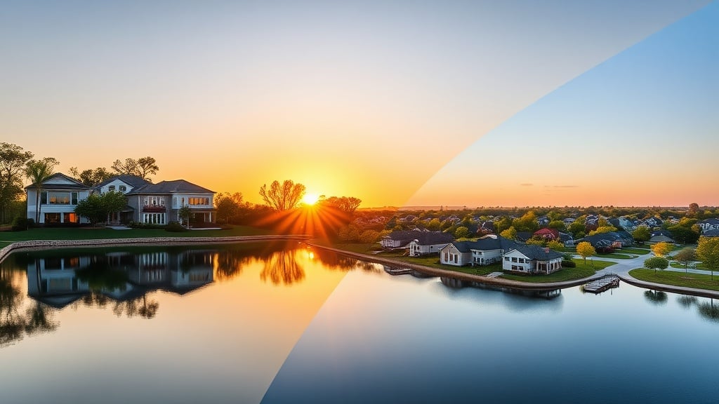 A dynamic split-screen of Conroe’s tranquil lake at sunrise, with sleek modern homes reflected in the water, juxtaposed against a growing suburban neighborhood of tree-lined streets and new housing developments, all bathed in warm early‑morning light.