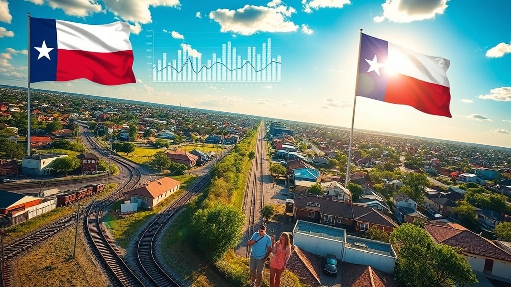 A vibrant, sunlit aerial view of Tomball, TX, showcasing a mix of historic railroad tracks and modern suburban homes, with a family holding a “Sold” sign in the foreground. Subtle overlay of market‑data charts in the sky adds a dynamic, analytical feel, framed by the Texas state flag in the corner.