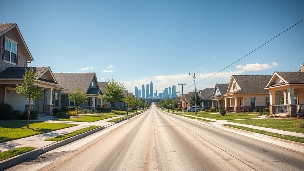 A sunny, wide‑angle view of a Humble, Texas street lined with affordable homes, a clear road stretching toward a distant Houston skyline, with subtle rising graph lines in the sky symbolizing steady market growth.