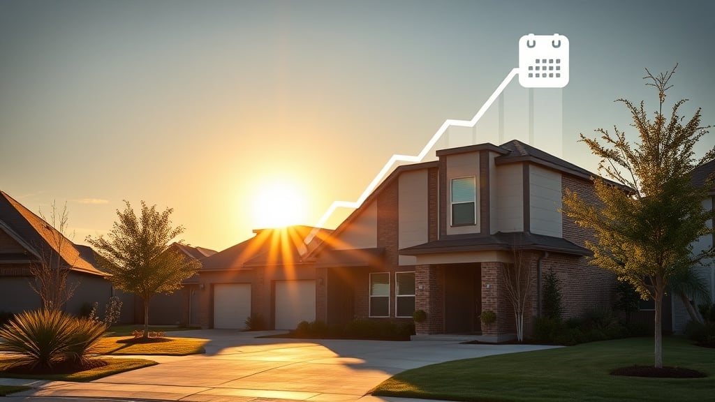 A sleek, sunlit Fulshear neighborhood scene with a contemporary home front, a subtle overlay of a rising bar graph and calendar icon in the sky, and a warm sunrise casting long shadows to suggest new selling opportunities.