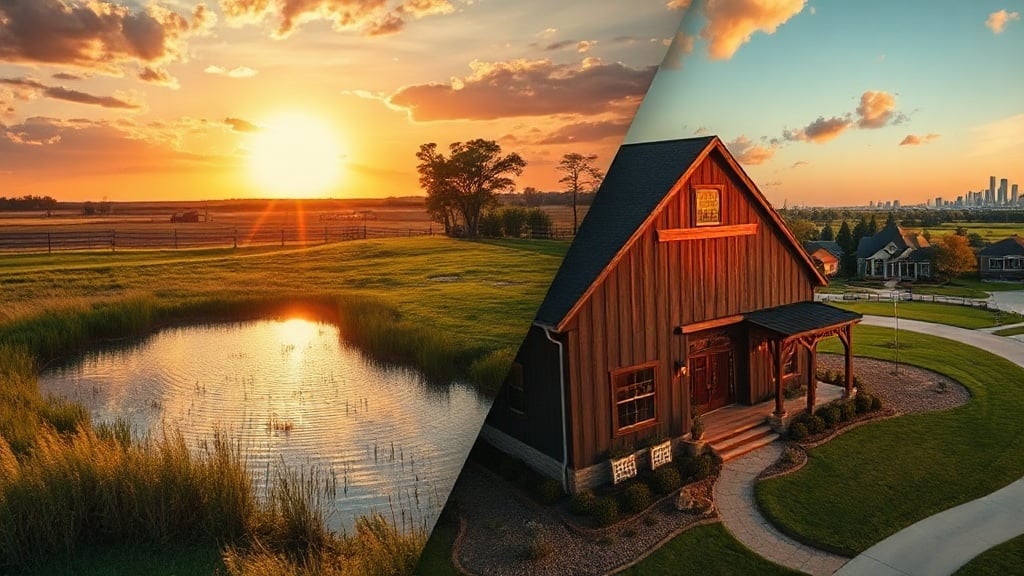 A dramatic split-scene: a sprawling 20‑acre rural landscape with a tranquil pond and a rustic barndominium bathed in golden sunset light, juxtaposed against a sleek, modern three‑bedroom suburban home with manicured lawns and a distant Houston skyline, all rendered in vibrant cinematic colors.