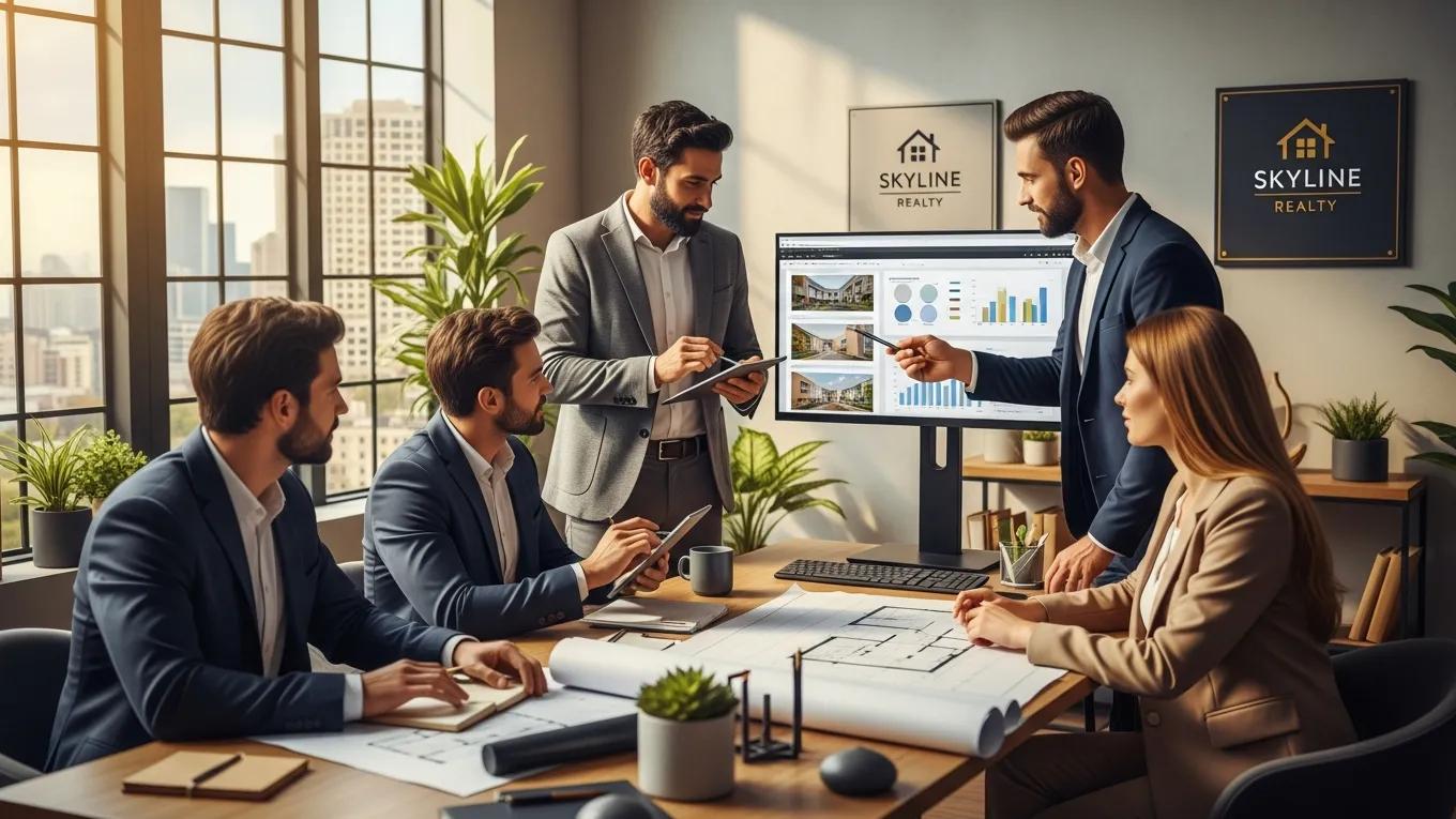 Real estate team collaborating in an office setting