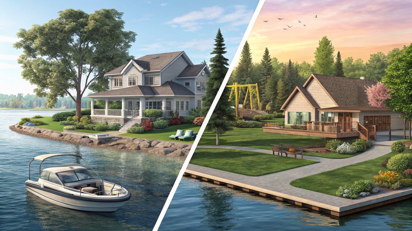 Illustration contrasting a lakefront home with a suburban house, representing Conroe's dual real estate markets.