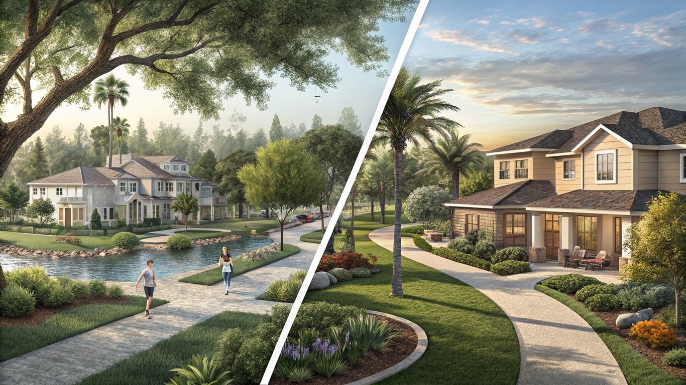 Illustration comparing a new master-planned community with an older, established suburban neighborhood in Conroe.