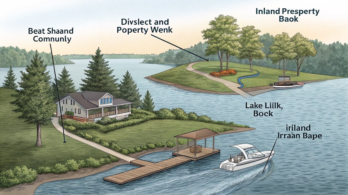Diagram illustrating the differences between waterfront, water-view, and lake-access properties around a lake.
