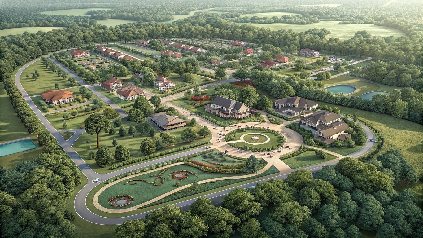 An aerial illustration of a master-planned community showing interconnected villages, green spaces, and pathways.