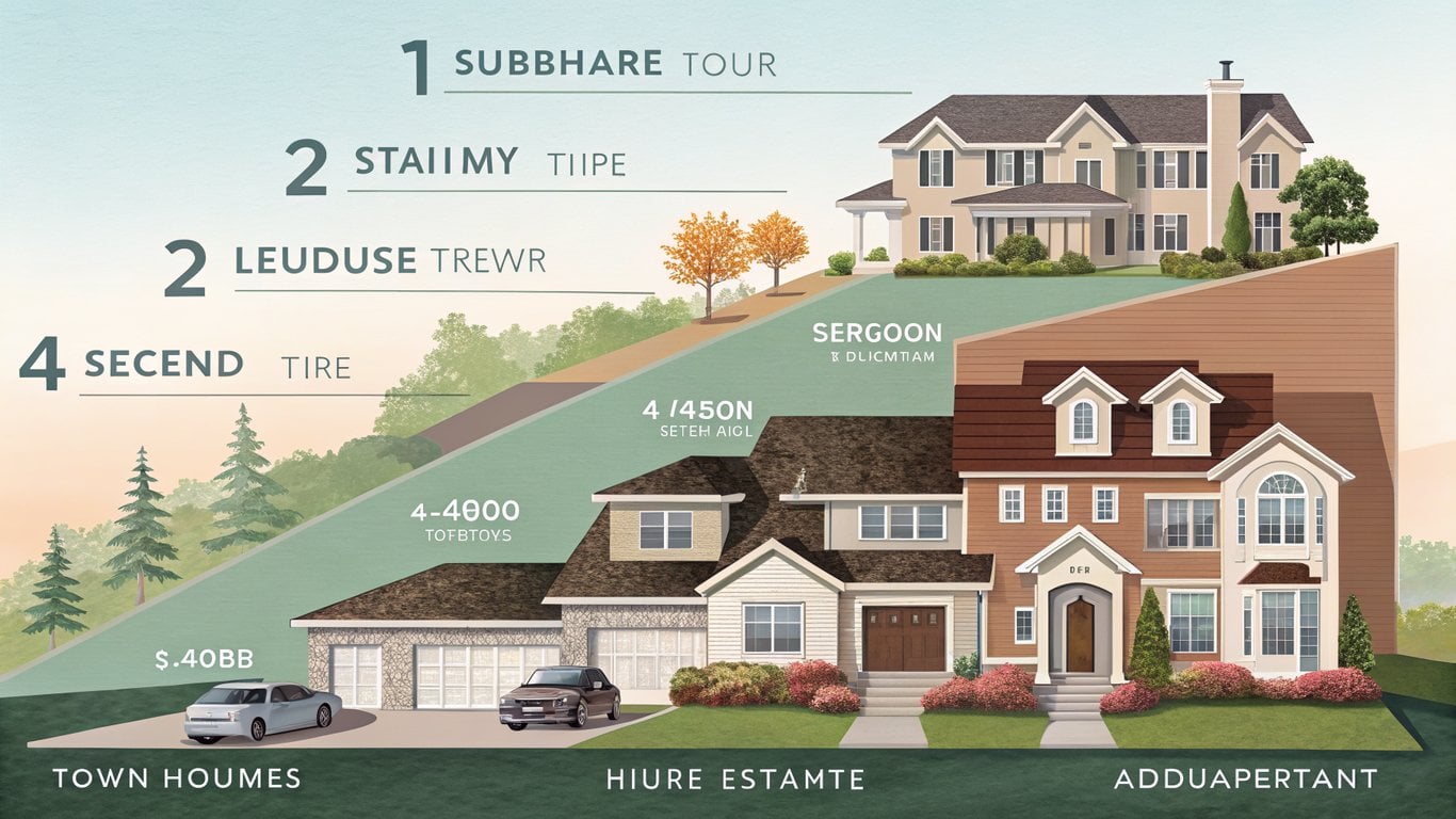 An illustration showing four tiers of homes, representing different real estate pricing bands from entry-level to luxury.