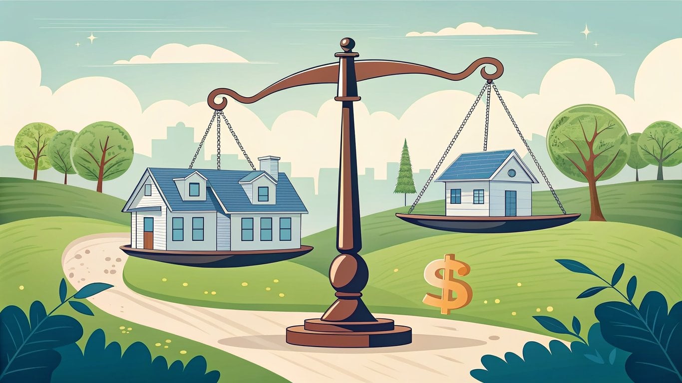 A balanced scale with a house and a dollar sign, representing a stable real estate market.
