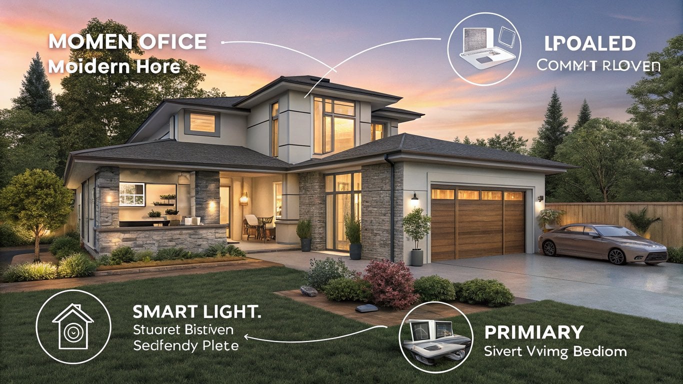 An illustration highlighting modern home features like a home office, updated kitchen, outdoor living space, and a main-floor primary suite.