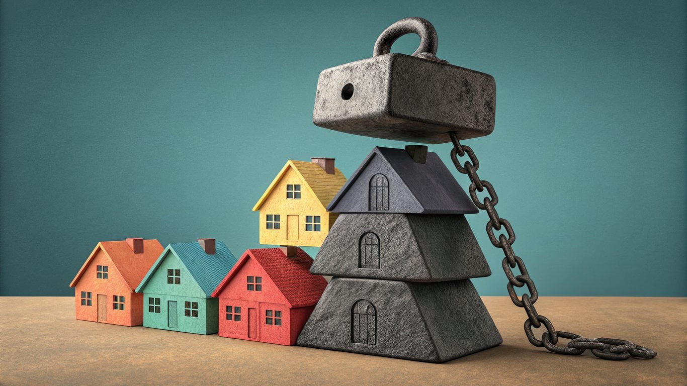 Illustration of a heavy weight pressing down on house-shaped blocks, symbolizing the financial burden of high property taxes.