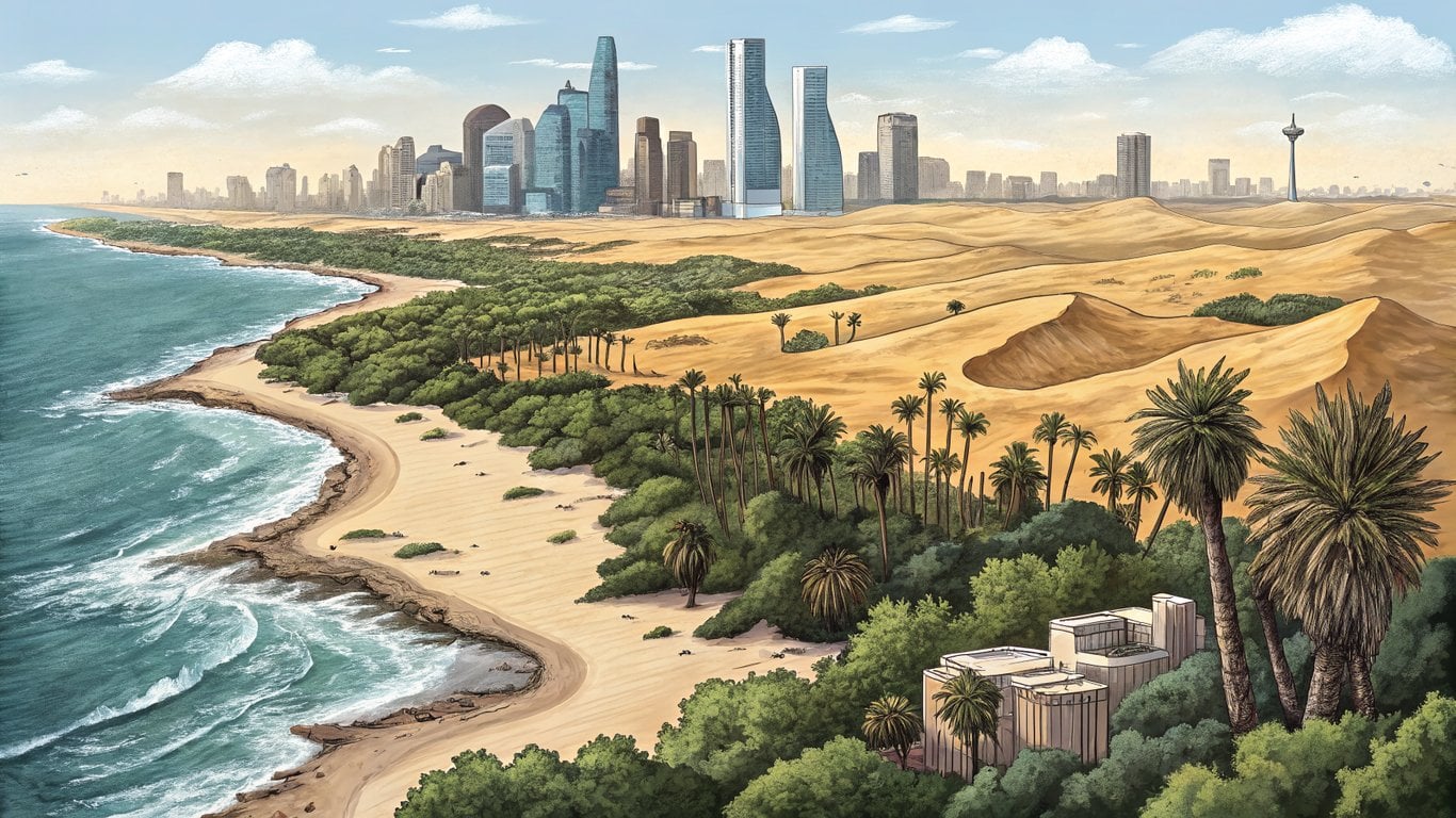 Illustration of Texas's diverse landscapes, from bustling cities to arid deserts and humid coastal regions.