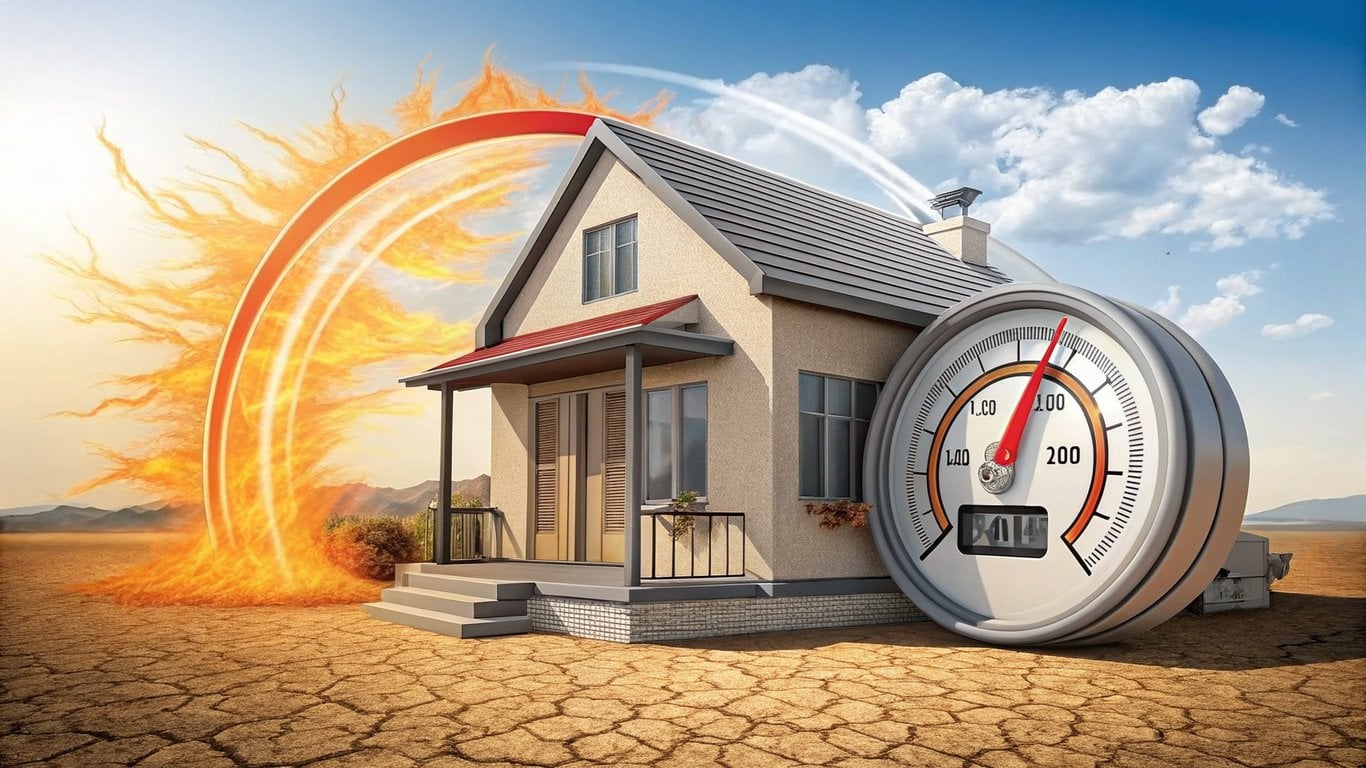 Illustration of a house with a rapidly spinning electricity meter and heat waves, symbolizing high air conditioning costs.