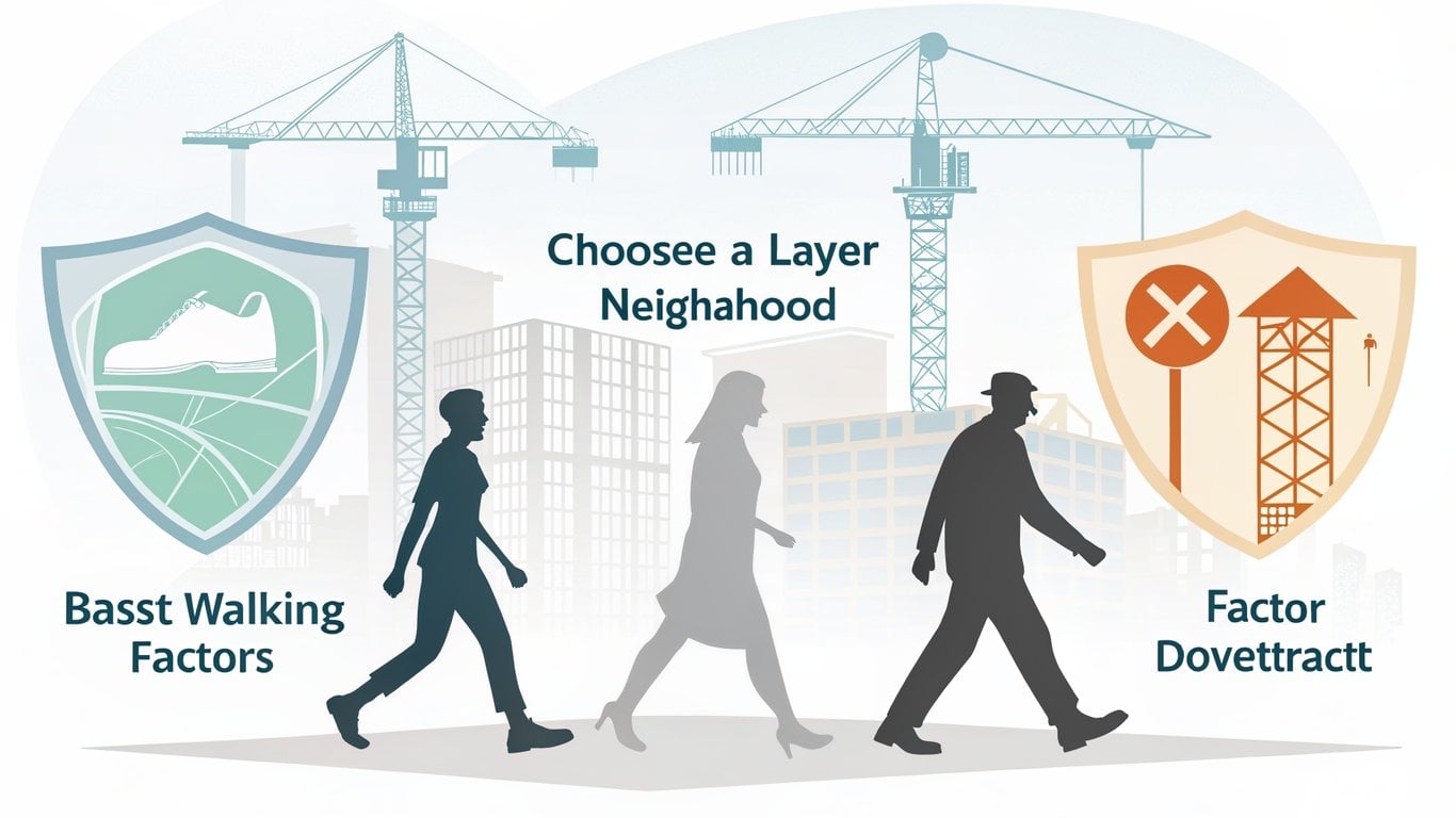Illustration representing neighborhood selection factors: walkability, safety, and future development, shown as overlapping transparent layers.
