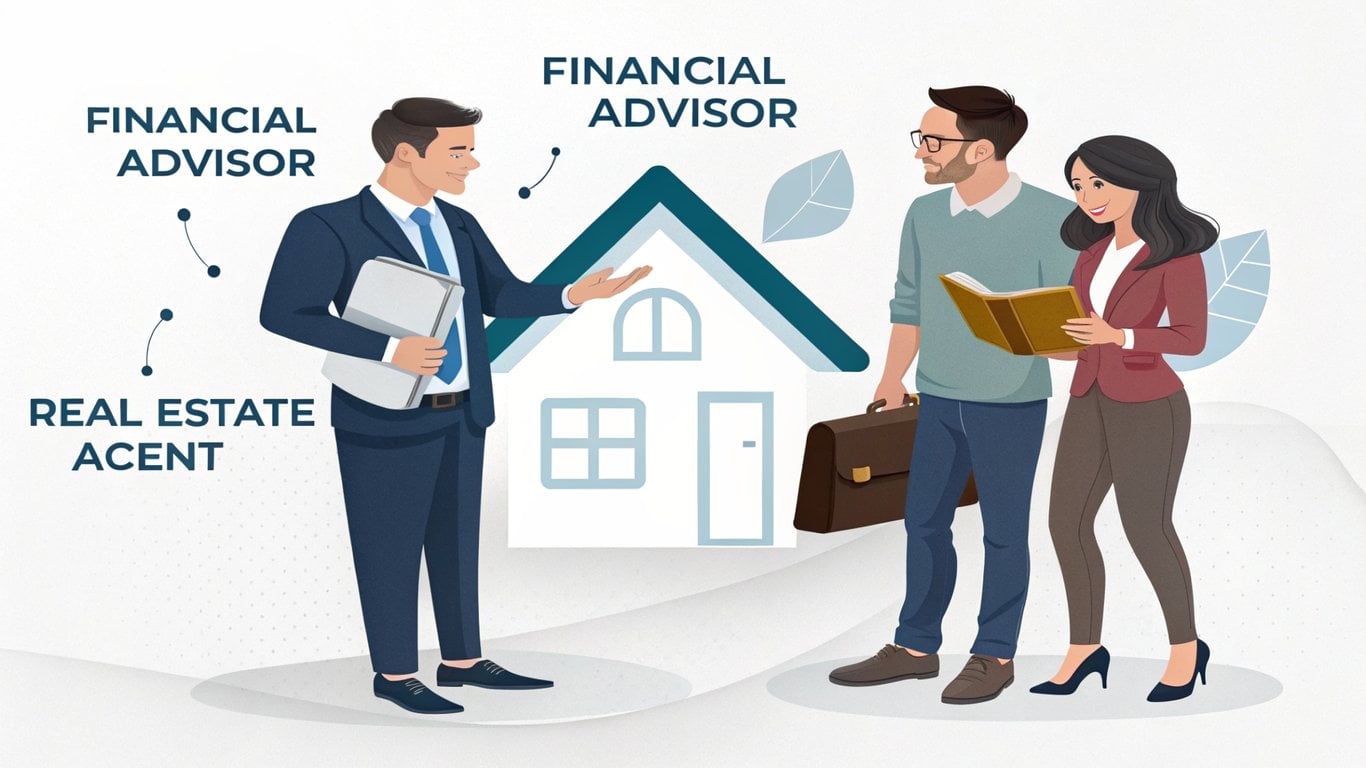 Illustration of an attorney, financial advisor, and real estate agent collaborating around a house, representing a professional team for divorce real estate.