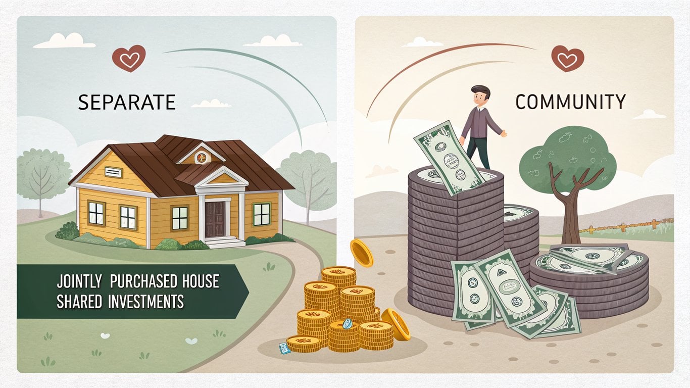 Illustration differentiating separate property (pre-marriage house, inheritance) from community property (jointly bought house, shared investments) with intertwined elements.