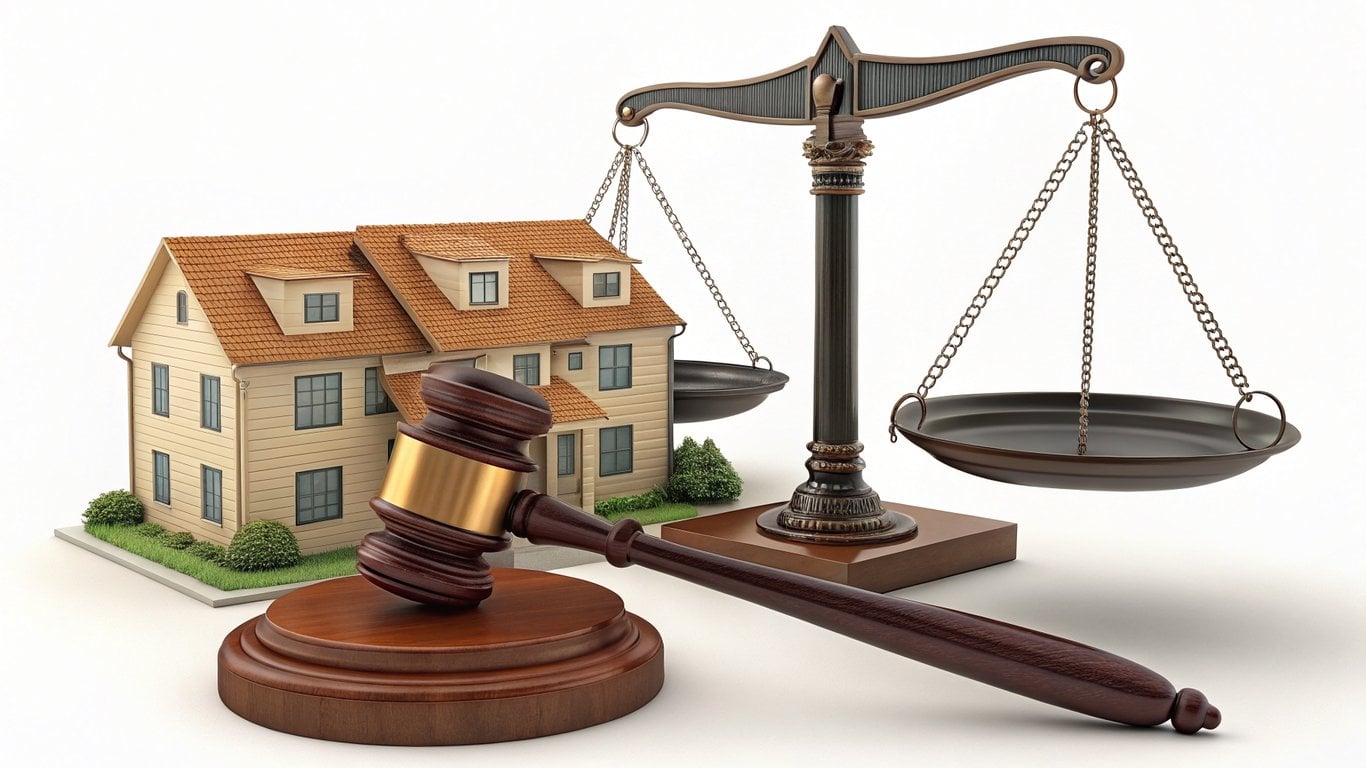 Illustration of a judge's gavel balancing a scale with a house, representing Texas community property division.