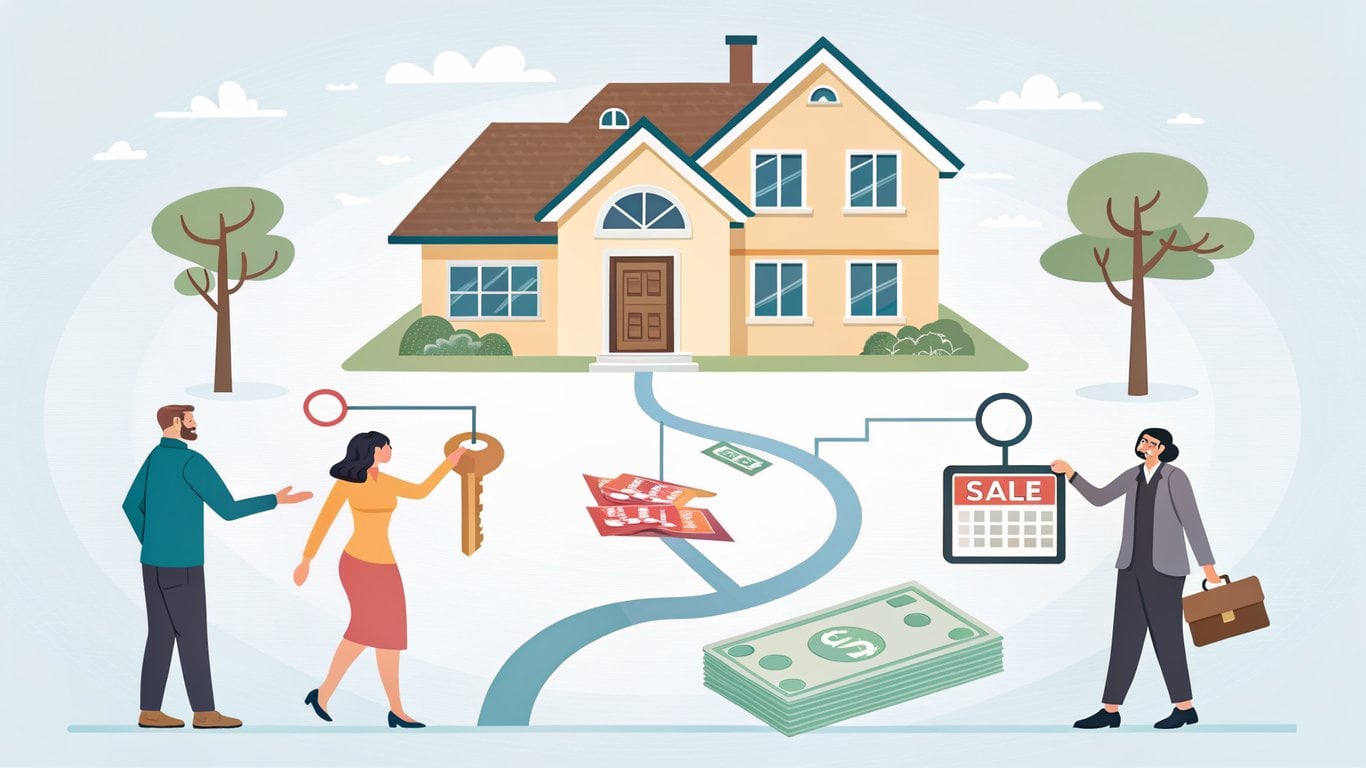 Illustration of three diverging paths from a house: one leading to a sold sign, one to a single person with keys, and one to two people co-owning the house over time.